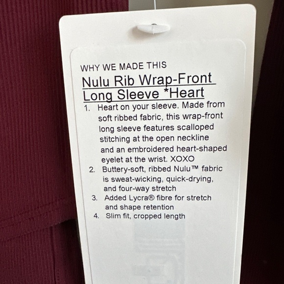 LULULEMON HEART NULU RIBBED WRAP FRONT LONG SLEEVE SHIRT BURGUNDY BAY SZ SMALL - Picture 6 of 6